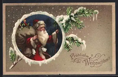 Künstler-AK Weihnachtsmann mit einem Sack voller Geschenke