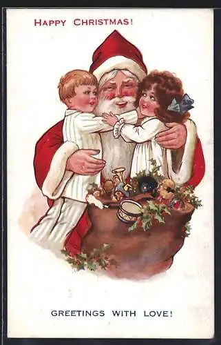 AK Weihnachtsmann mit zwei Kindern, Happy Christmas
