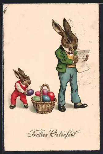 AK Kleiner Osterhase klaut ein Osterei aus dem Korb