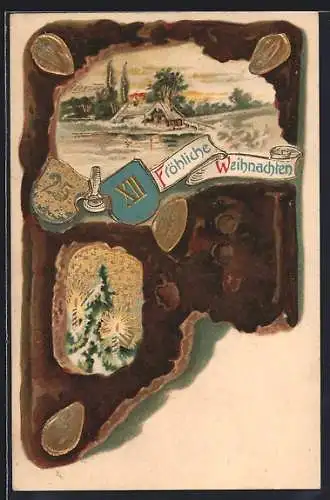 Präge-AK Haus im Schnee und Tannenbaum, Lebkuchen-Passepartout, Fröhliche Weihnachten