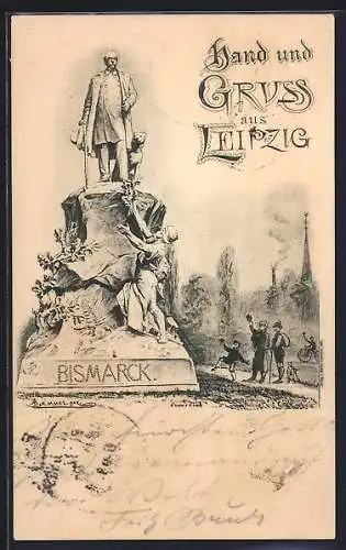 Lithographie Leipzig, Bismarck-Denkmal
