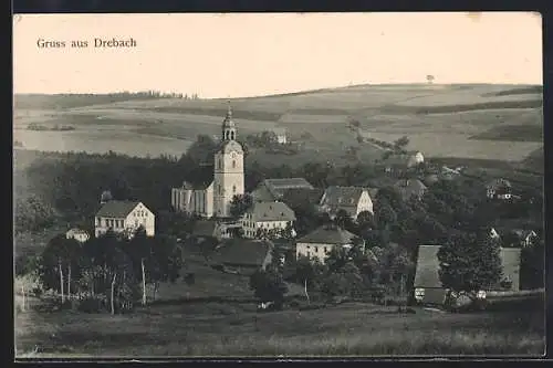 AK Drebach, Ortspartie mit Kirche