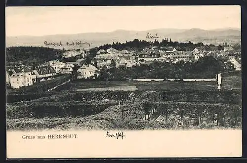 AK Herrnhut, Teilansicht mit Bergen