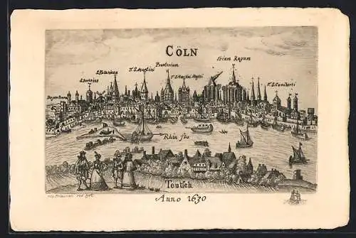 Lithographie Köln, Teilansicht mit Praetorium, Trium Regum und St. Katarinen-Kirche