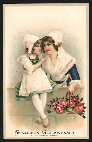AK Herzlichen Glückwunsch zum Geburtstage, Mutter und Tochter mit Blumenkorb