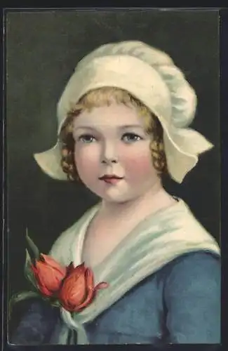 AK Mädchen mit Haube und Tulpen