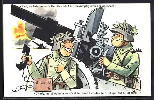 Künstler-AK Schweizer Soldaten in Uniform am Geschütz, einer mit Telefon, Kari, as Telefon, `s Komitee...