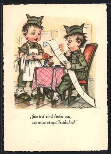Künstler-AK Kleine amerikanische Soldaten in Uniform, Ganserl sind leider aus, wie wäre es mit Truthahn