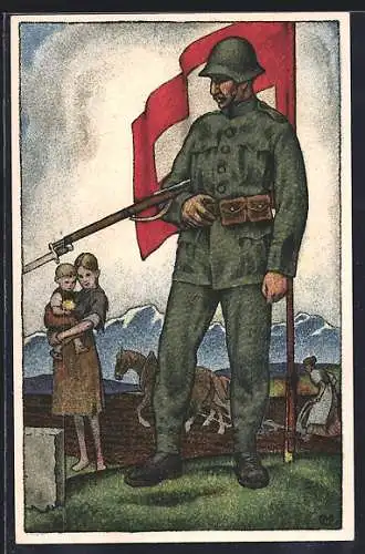 AK Schweizer Nationalspende für unsere Soldaten u. ihre Familien, Infanterist mit Stahlhelm