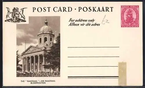 AK Bloemfontein, The Raadsaal, Ganzsache