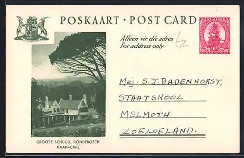 AK Rondebosch /Kaap, Groote Schuur, Ganzsache