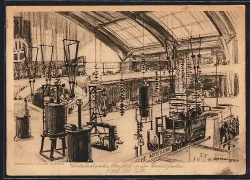 Künstler-AK Berlin, Werkstofftagung 1927, Electrotechnisches Prüffeld mit Fabrikarbeitern