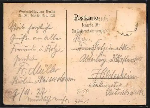 Künstler-AK Berlin, Werkstofftagung 1927, Electrotechnisches Prüffeld mit Fabrikarbeitern