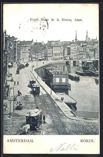 AK Amsterdam, Rokin, Grand Bazar de la Bourse, Pferdebahn