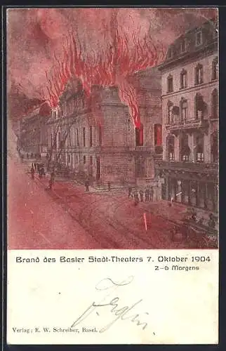 Künstler-AK Basel, Brand des Basler Stadt-Theaters 1904 2-6 Morgens