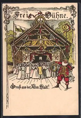 Lithographie Freie Bühne, Zuschauer beim Puppentheater