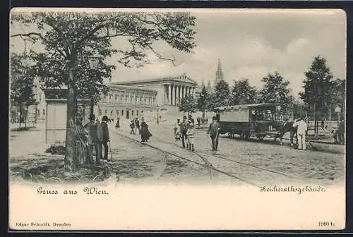AK Wien, Reichsrathsgebäude mit Pferdebahn und Passanten