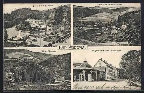 AK Bad Kudowa, Schloss im Kurpark, Eugenquelle und Marienbad