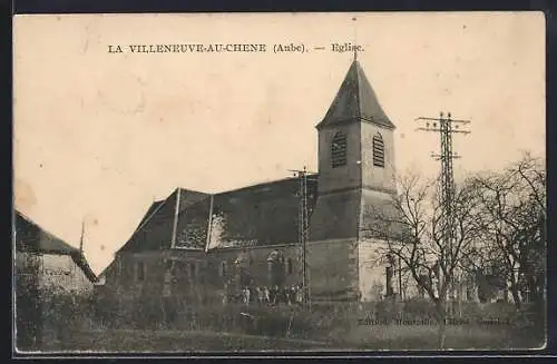 AK Villeneuve-au-Chêne, Église avec arbres et poteaux électriques en arrière-plan