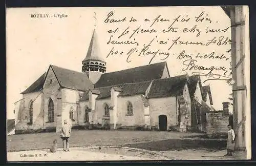 AK Bouilly, L`Église avec inscription manuscrite sur la facade