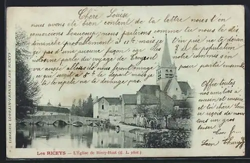 AK Les Riceys, L`Église de Ricey-Haut et le pont sur la rivière