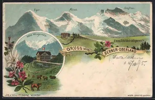 Lithographie Kleine Scheidegg-Wengernalp, Hotel Wengernalp mit Eiger, Mönch u. Jungfrau