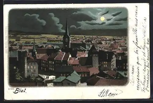 Mondschein-Lithographie Biel, Teilansicht bei Vollmond