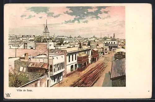 Lithographie Suez, Blick auf eine Strasse der Stadt