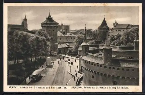 AK Krakau-Krakow, Widok na Barbakan i Brame Florjanska