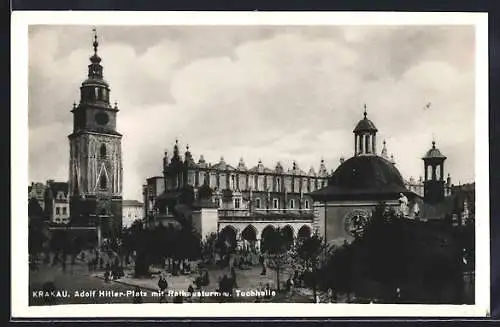 AK Krakau, Platz mit Rathausturm und Tuchhalle
