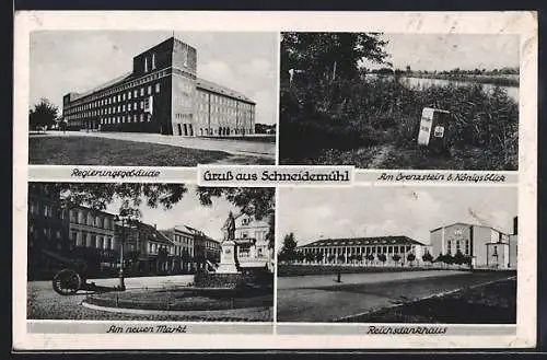 AK Schneidemühl, Kriegerdenkmal, Regierungsgebäude und Reichsdankhaus