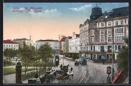 AK Lwow / Lemberg, Plac Maryacki, Marienplatz mit Strassenbahn
