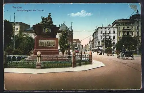 AK Breslau, Tauentzienplatz mit Denkmal, Strassenbahn