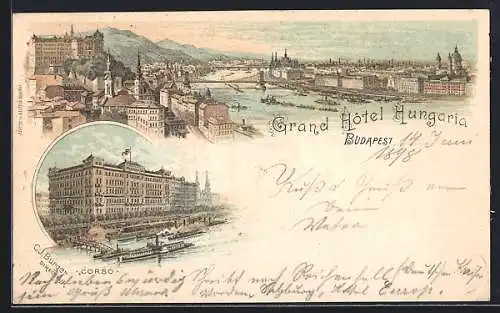 Lithographie Budapest, Grand Hotel Hungaria, Corso, Gesamtansicht, Dampfer