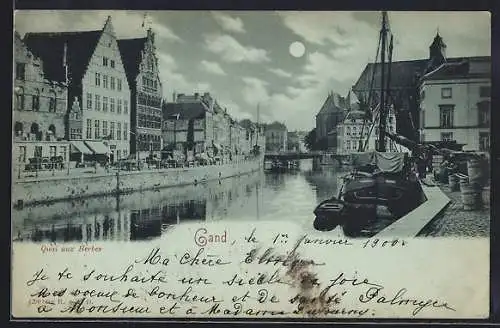 Mondschein-AK Gand, Quai aux Herbes