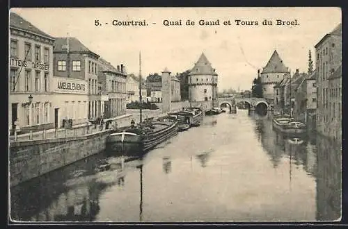 AK Courtrai, Quai de Gaud et Tours du Broel