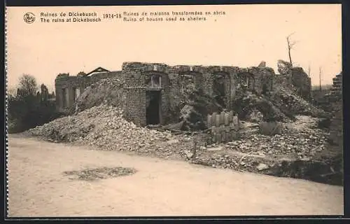AK Dickebusch, Ruines de Dickebusch 1914-18, Ruines de maisons transformées en abris