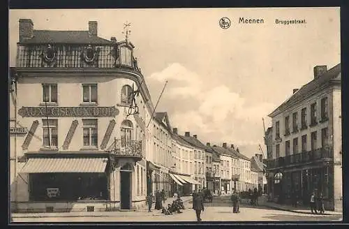 AK Meenen, Bruggestraat, Strassenpartie mit Geschäften und Passanten