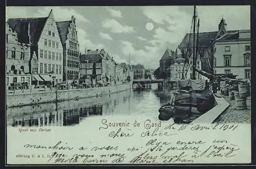 Mondschein-AK Gand, Quai aux Herbes