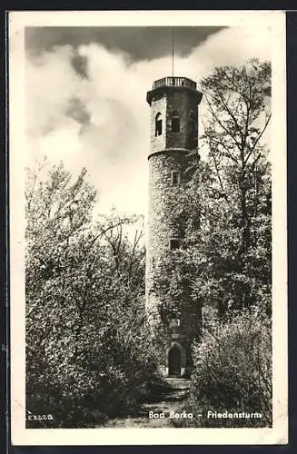 AK Bad Berka, Friedenturm mit blühenden Bäumen