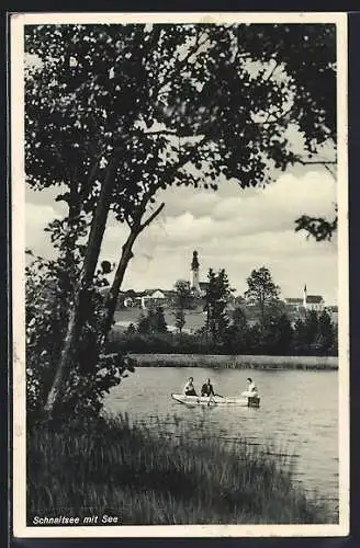 AK Schnaitsee, Ortsansicht mit Ruderboot auf See