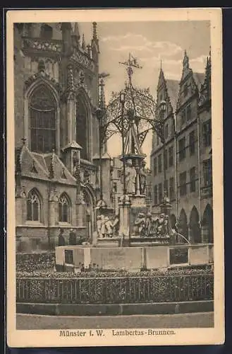 AK Münster i. W., Lambertus-Brunnen mit Passanten und Kirchenfassade