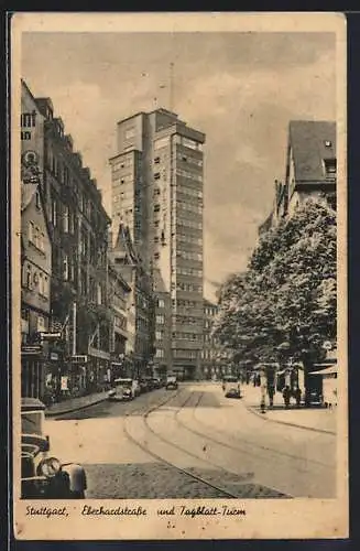 AK Stuttgart, Eberhardstrasse und Tagblatt-Turm