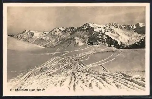 AK Schäferhütte, Berghütte gegen Rothorn im Schnee