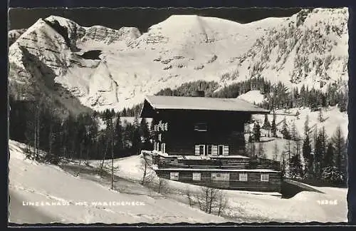 AK Linzerhaus, Berghütte mit Warscheneck im Schnee