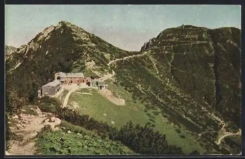AK Herzogstandhaus, Berghütte und Martinskopf mit Herzogstandgipfel