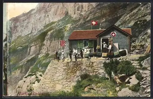AK Berghütte Käsern a. Glärnisch mit Ausflüglern
