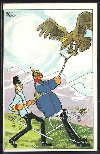 AK Italienischer Adler zerrt an Kaiser Franz Josef I. und Kaiser Wilhelm II.