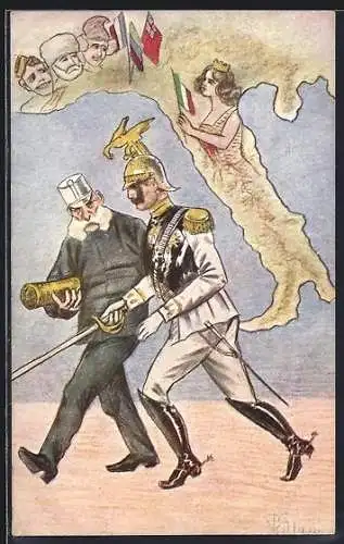 AK Kaiser Franz Josef I. von Österreich und Kaiser Wilhelm II., Italien schliesst sich den Alliierten an