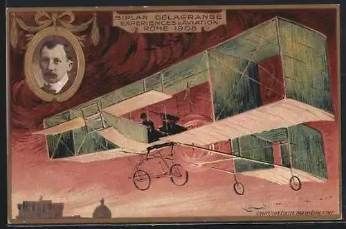 AK Rome, Biplan Delagrange, Expériences d`Aviation 1908, Pilot und Flugzeug